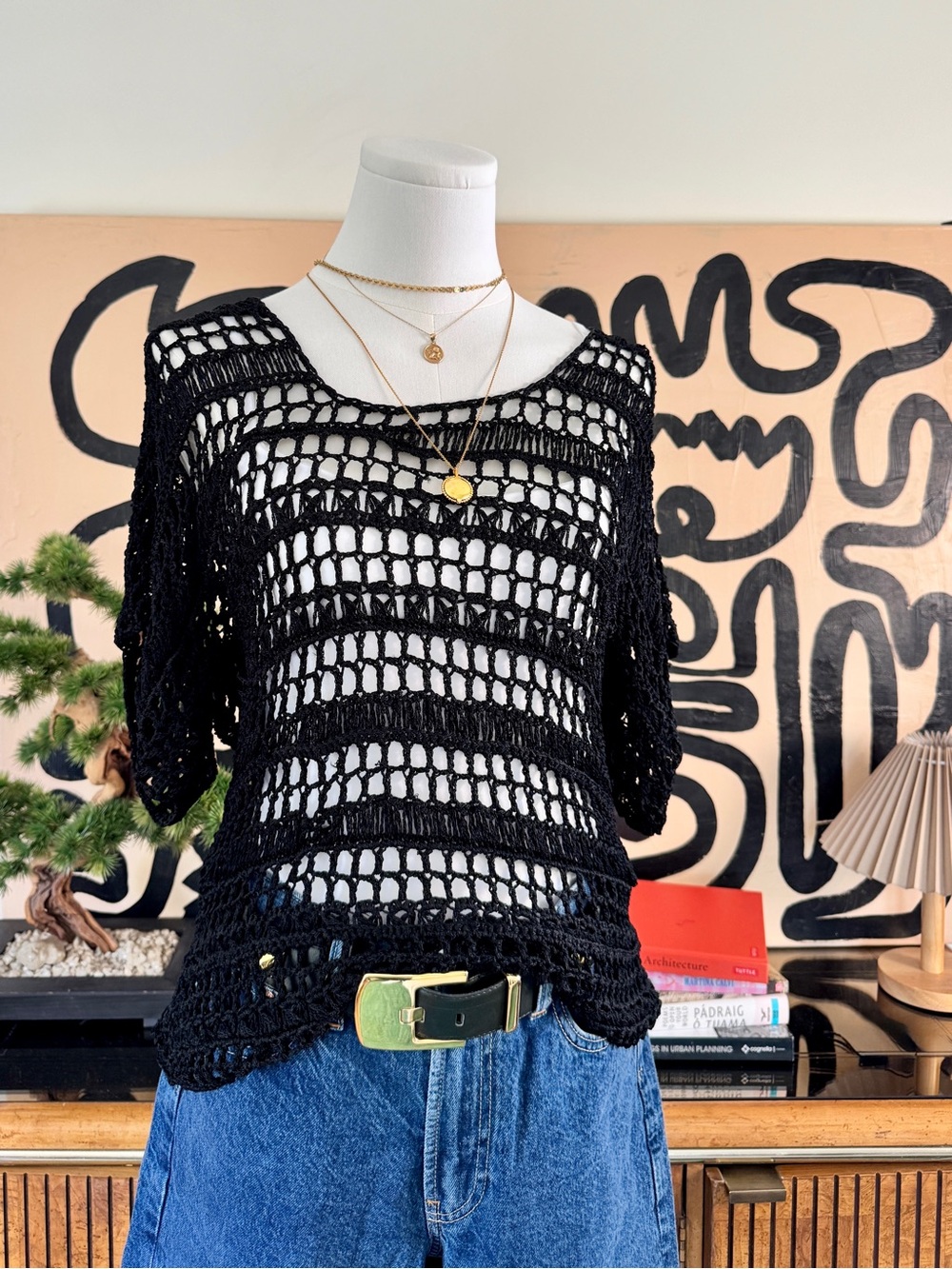 Vintage Trina Turk Black Crochet Open Knit Mesh Top Size S